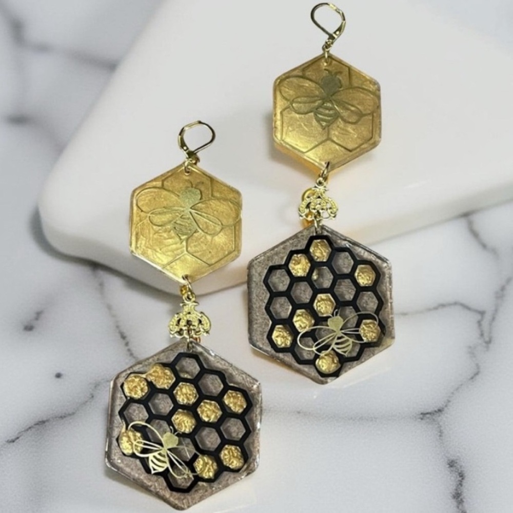 Gold and Black Honeycomb resin Earrings